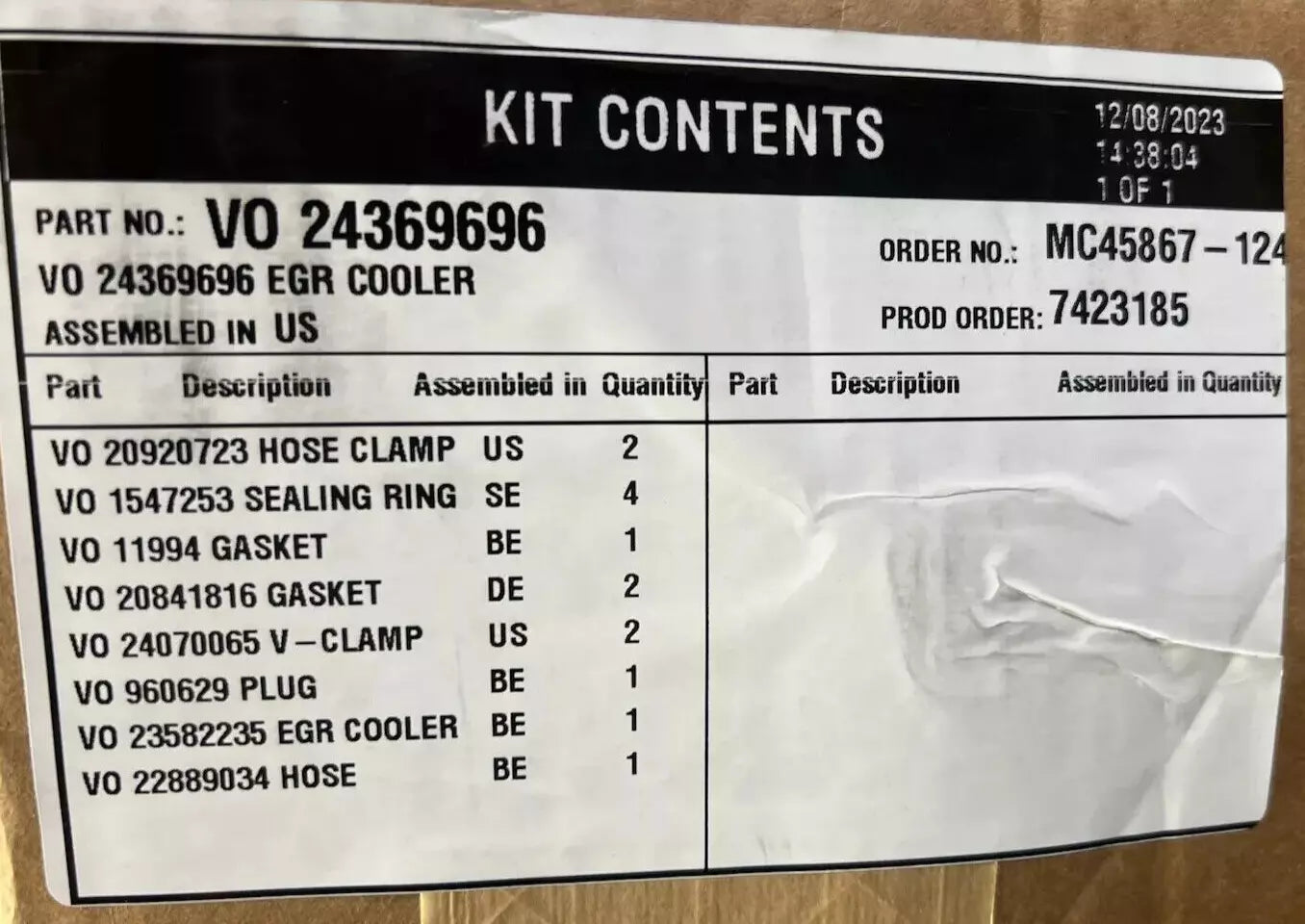 24369696 Genuine Volvo EGR Cooler Kit